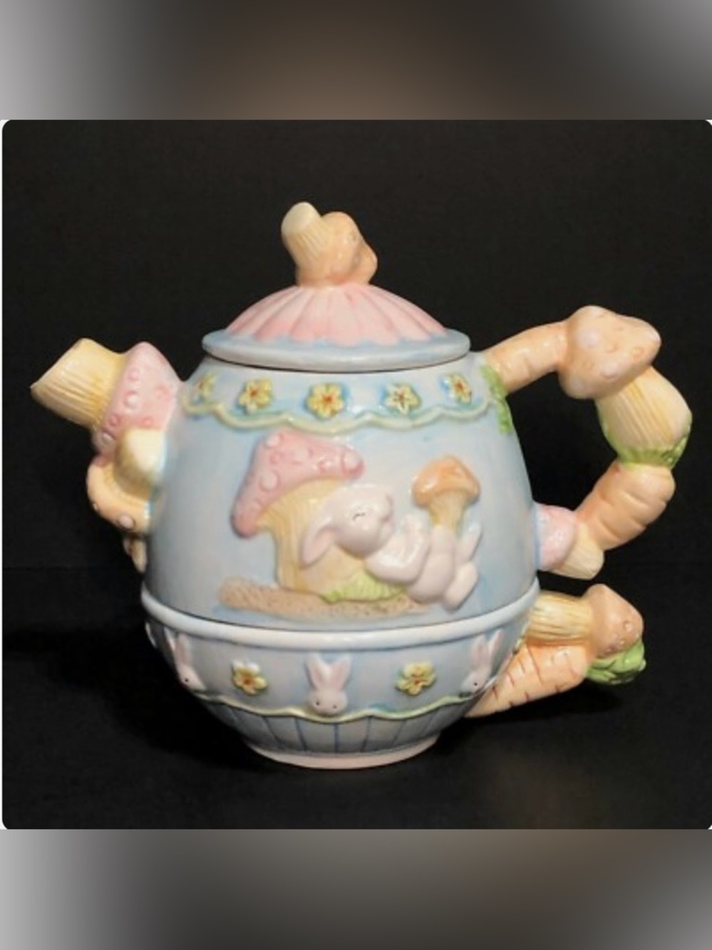 WCL Ceramic Teapot w/ Lid, Bunny & Mushroom Theme, Blue Pink White